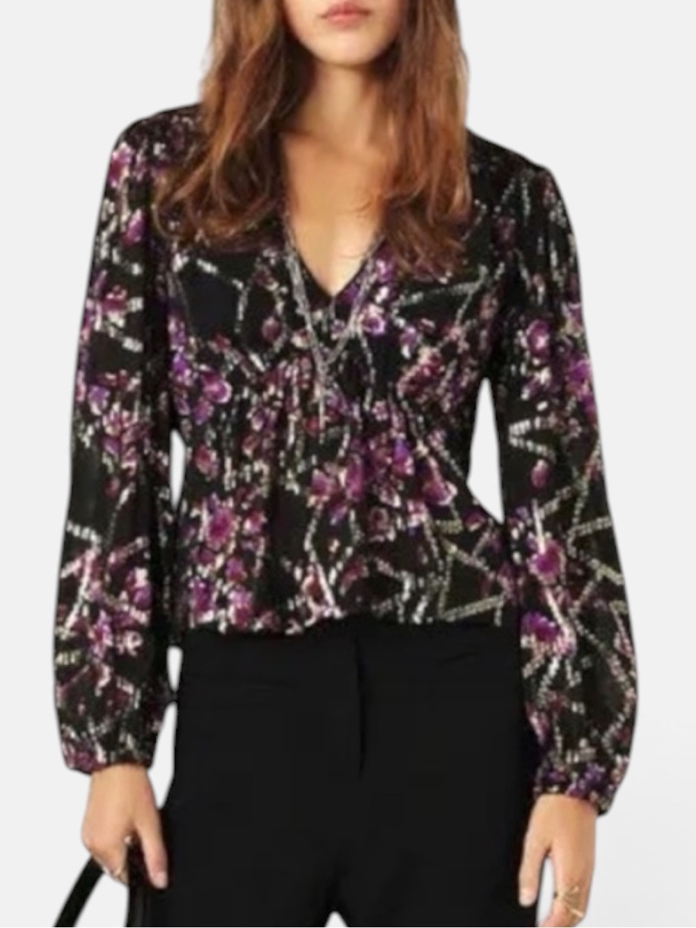 ba&sh Divine Silk Blend Gold Lurex Long Sleeved Peasant Top in Noir US Size 4